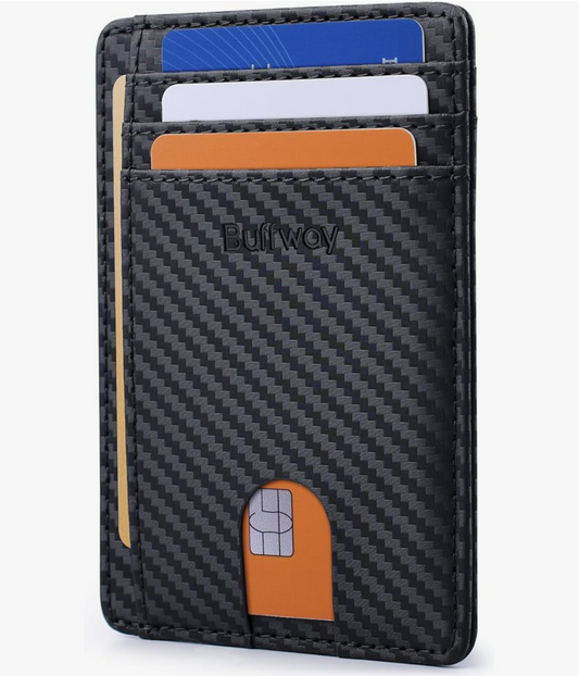 Slim Minimalist Front Pocket RFID Blocking Leather Wallets for Men - Carbon Fiber Black